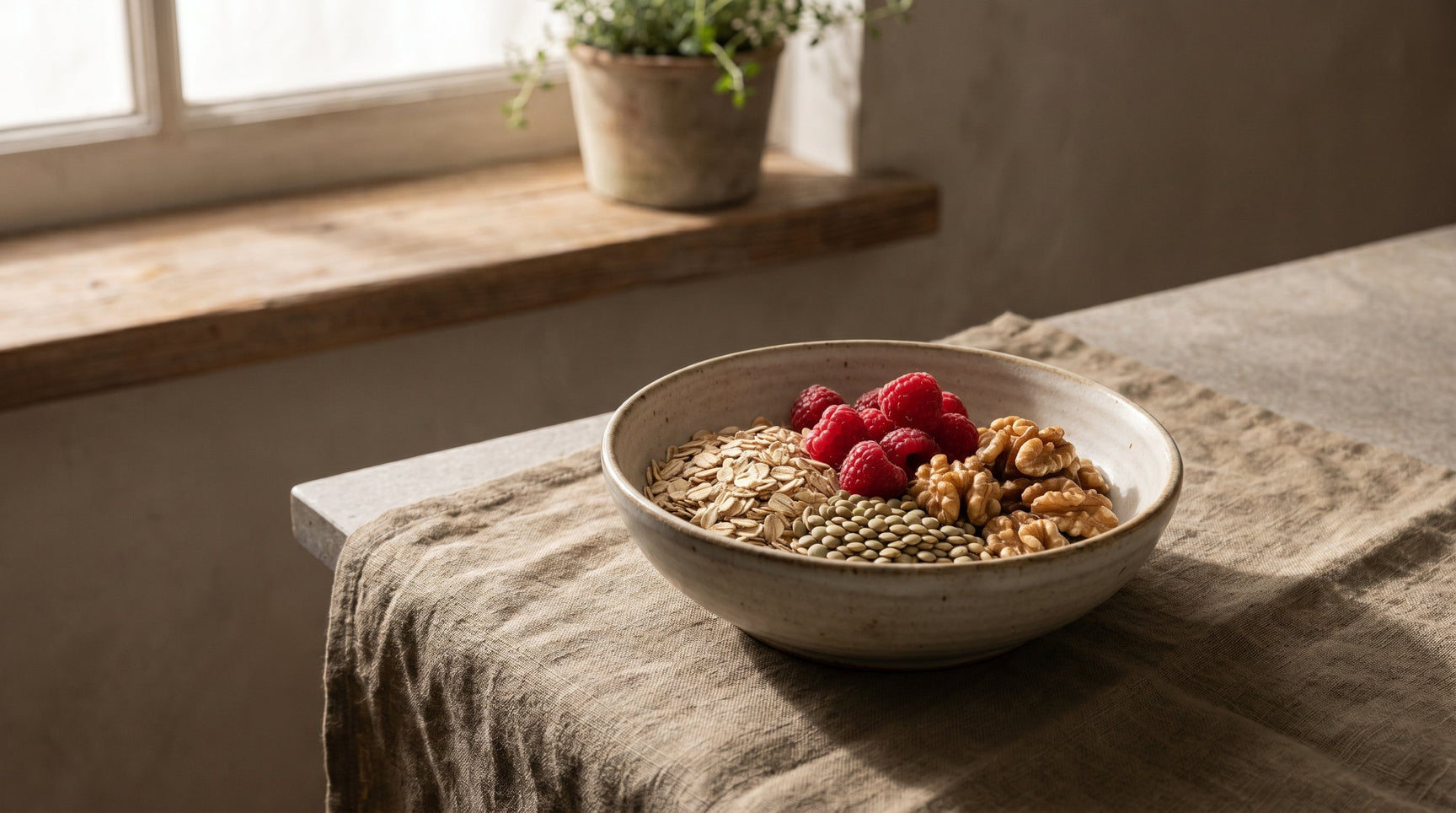 Bowl of mixed plant foods including berries, oats, seeds, and herbs on a linen surface, illustrating fiber variety for gut health and lasting satiety.